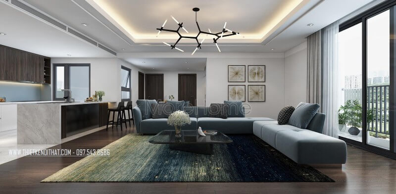 Không gian phòng khách thực sự thoáng đãng, gọn gàng với diện tích căn tương đối lớn cùng với sự bố trí đồ nội thất hài hòa của KTS Thiết kế phòng khách tại Hà Nội