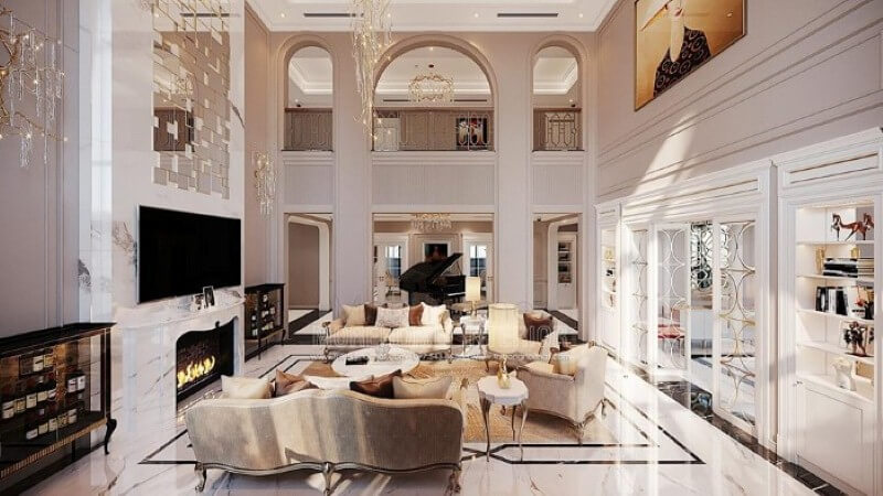Bố trí nội thất biệt thự Vinhomes Imperia Hải Phòng ấn tượng với phòng khách thông tầng đẹp, sang trọng. Thiết kế phòng khách tại Hà Nội