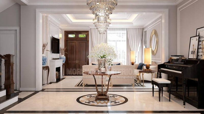 Thiết kế nội thất phòng khách tân cổ điển có đàn piano đẹp, sang trọng tại biệt thự Palm Garden. Thiết kế phòng khách tại Hà Nội