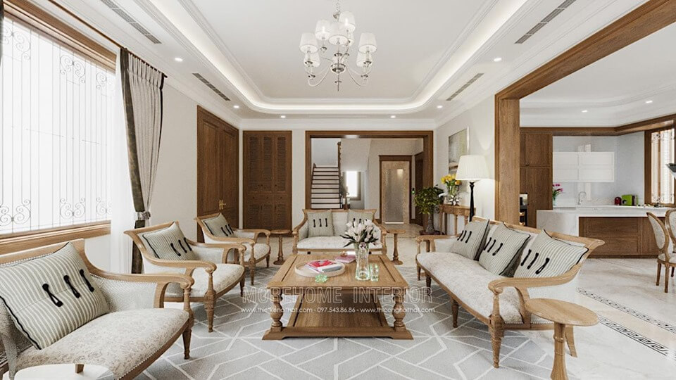 Thiết kế nội thất phòng khách biệt thự Bắc An Khánh phong cách á đông hiện đại Thiết kế phòng khách tại Hà Nội