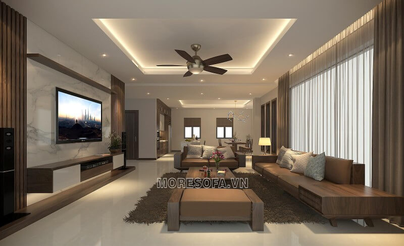 Thiết kế nội thất phòng khách hiện đại bằng gỗ cho nhà phố, nhà biệt thự Thiết kế phòng khách tại Hà Nội