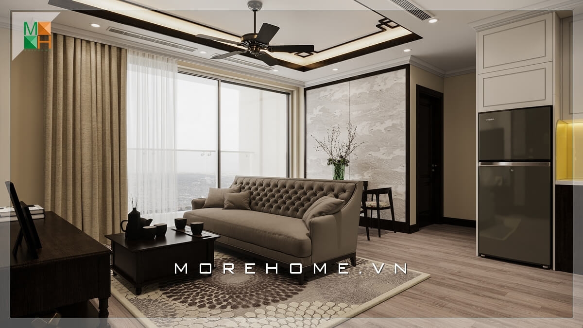 Thiết kế nội thất phòng khách tân cổ điển kết hợp nội thất gỗ tự nhiên tạo nên vẻ đẹp tinh tế, sang trọng cho không gian căn hộ chung cư cao cấp Thiết kế phòng khách tại Hà Nội
