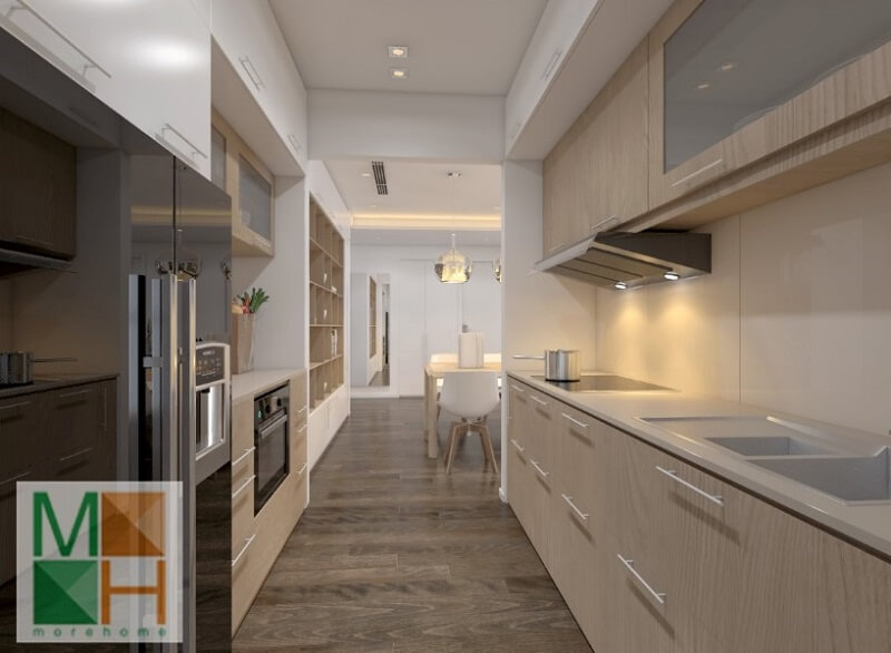 Mẫu thiết kế hệ tủ bếp gỗ đẹp sử dụng gỗ công nghiệp An Cường cao cấp màu sáng mang đến vẻ đẹp cho phòng bếp Mẫu nội thất chung cư