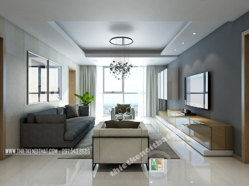 Thiết kế phòng khách đẹp cho căn hộ chung cư Thăng Long Number One hướng sáng, đón trọn vẹn ánh sáng tự nhiên từ khung cửa rộng mang đến sức sống và sự tươi trẻ cho căn phòng thiết kế nội thất phòng khách