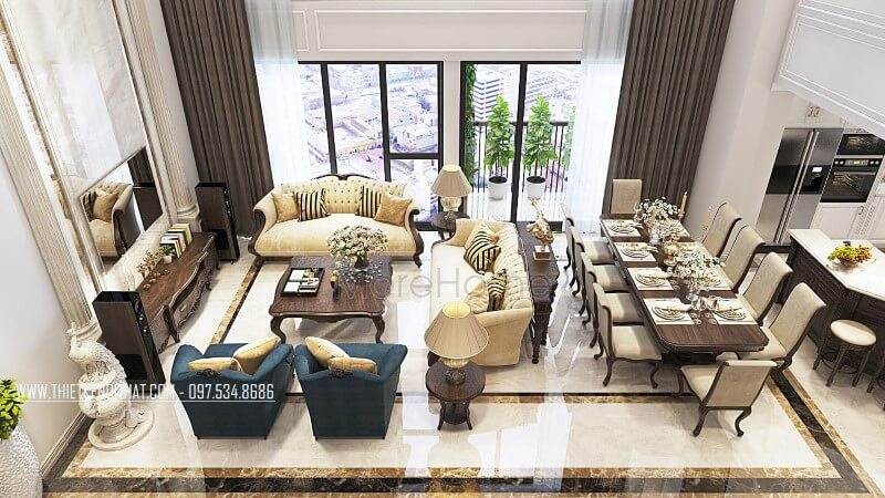 Thiết kế phòng khách căn hộ duplex đẳng cấp với bộ bàn ghế sofa gỗ óc chó bọc nỉ cao cấp tại Hà Nội thiết kế nội thất phòng khách
